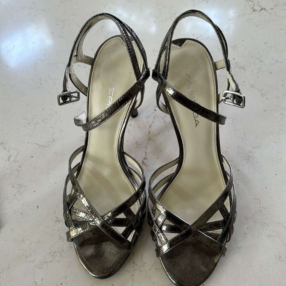Via Spiga Strappy Metallic Pewter Heels - Size 7